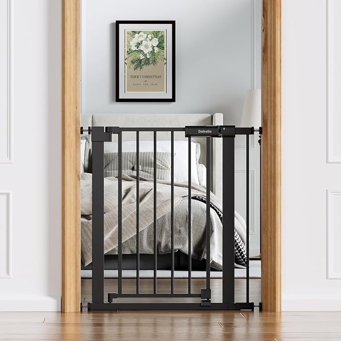 Babelio Baby Gate for Doorways and Stairs, 26-31" Pet Gate with Wide Door | Pressure/Wall Mount; Triple-lock System; Auto-close; 200N Impact Tested; Easy Install for Doorways, Kitchen, Hallway, Black
