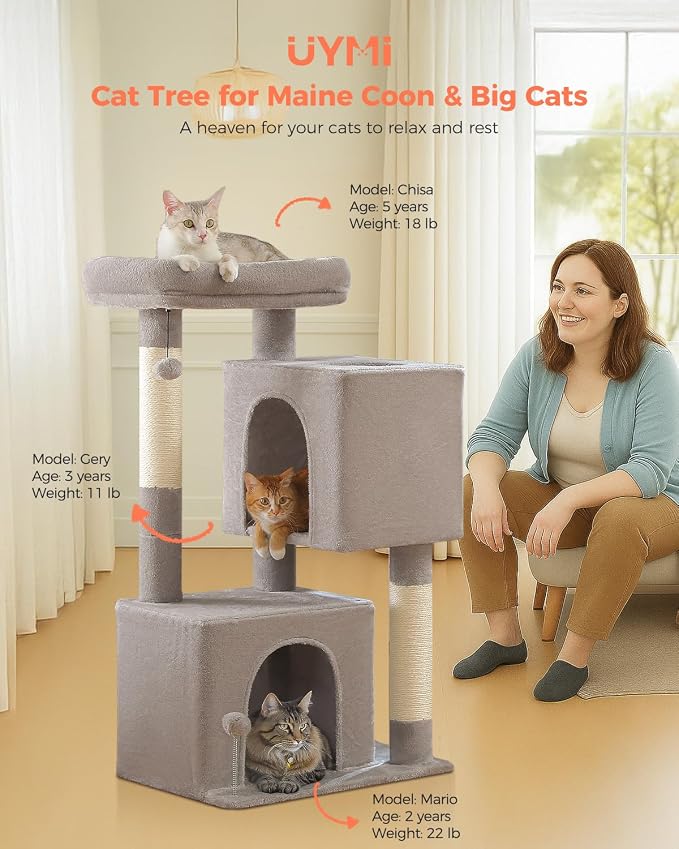 XL Cat Tree 44" Cat Tower for Large Cats 20 lbs, 2 Spacious Caves | Multi-Level Cat Tree with Scratching Posts, Soft Padded Perch, 2 Dangling Toys