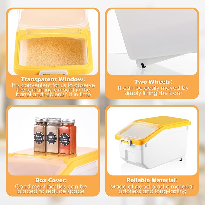 4 Pcs Rice Storage Containers Bulk Flour Sugar Container Wheels Measuring Cups Set Airtight Pet Dog Cat Birds Food Bin Grain Cereal Organizer Box for Dry Baking(Yellow,22 lb)