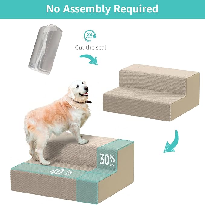 YENING Large Dog Stairs for High Beds - Extra Wide Pet Steps for Large Dogs to Get on Tall Bed 3 Deep Step Cat Ramp for Couch 2 Steps Beige
