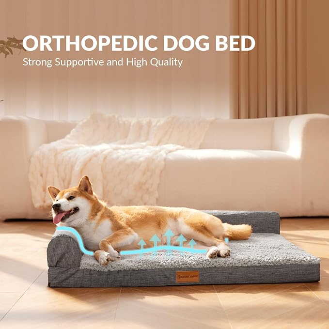 Patas Lague Orthopedic Large Dog Bed Pet Sofa Beds 36''X24'' Grey | L Bolster Egg-Crate Foam Dog Couch For Large Sized Dogs, Waterproof Removable Washable Cover, Pet Mat with Nonskid Bottom