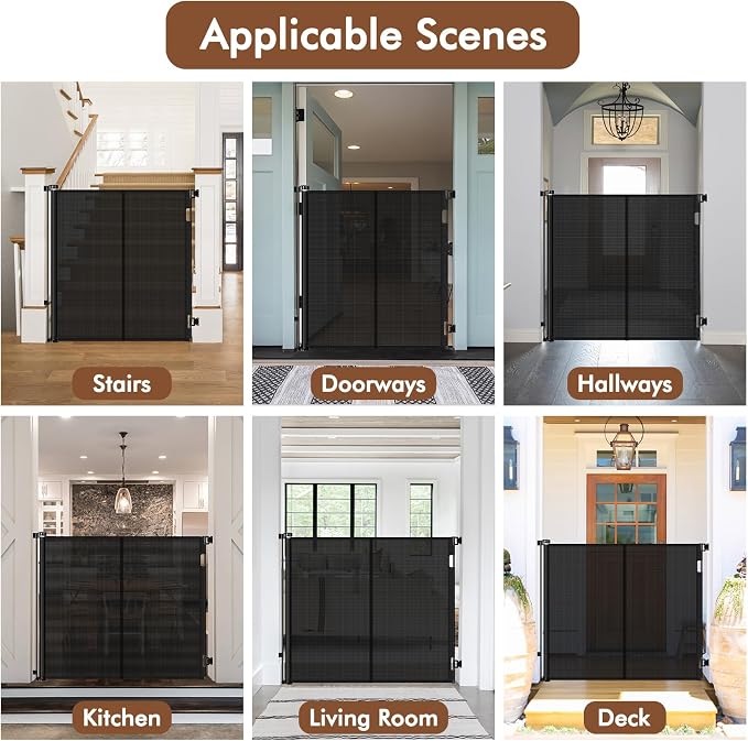 Reinforced 48" Extra Tall Pet Gate with Support Rods, 4 Ft Tall Retractable Baby Gates for Doorways 55" Wide Mesh Dog Gate Indoor Outdoor - Prevent Baby/Pet from Jumping Over, Black