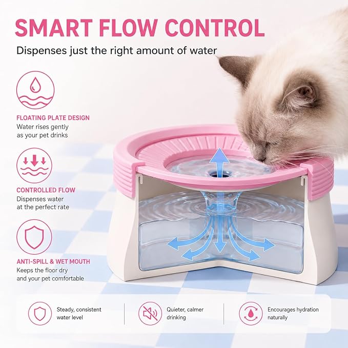 Dog Water Bowl No Spill with Floating Disk,Floating Pet Water Bowl for Dogs and Cats, for Travel and Home (Pink+White(600ml))