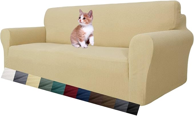 MAXIJIN Super Stretch Couch Cover for 3 Cushion Couch, 1-Piece Universal Sofa Covers Living Room Jacquard Spandex Furniture Protector Dogs Pet Friendly Fitted (Large, Beige)