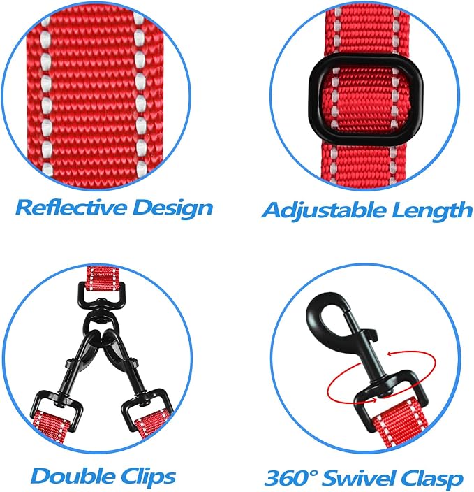 PetBonus Double Dog Leash, No Tangle Dual Leash, Walking Training Lead | 4 Comfortable Padded Handles, Adjustable, Reflective, For Two Large Medium Dogs, Collapsible Bowl and Waste Bags, Red