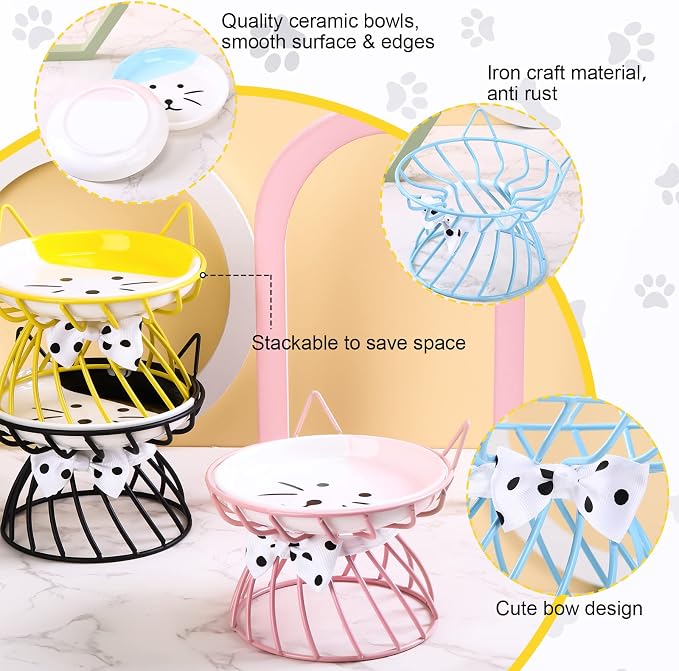 Cat Feeder, 4 Pcs Elevated Ceramic Cat Bowls with Metal Stand, Whisker Friendly, Anti Vomit, Dishwasher Safe, for Dog Pet (Multicolor)