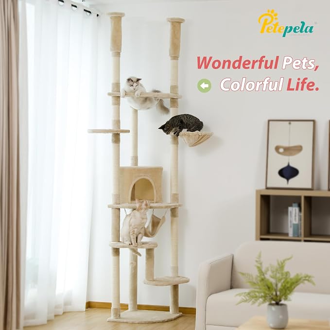 PETEPELA Floor to Ceiling Cat Tree, 92.9-101.6" Tall Cat Tower, Beige | Height-adjustable tension design with 5 sisal posts, cozy condo, spacious hammock, perches & anti-tip strap for indoor cats
