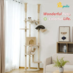 PETEPELA Floor to Ceiling Cat Tree, 92.9-101.6" Tall Cat Tower, Beige | Height-adjustable tension design with 5 sisal posts, cozy condo, spacious hammock, perches & anti-tip strap for indoor cats