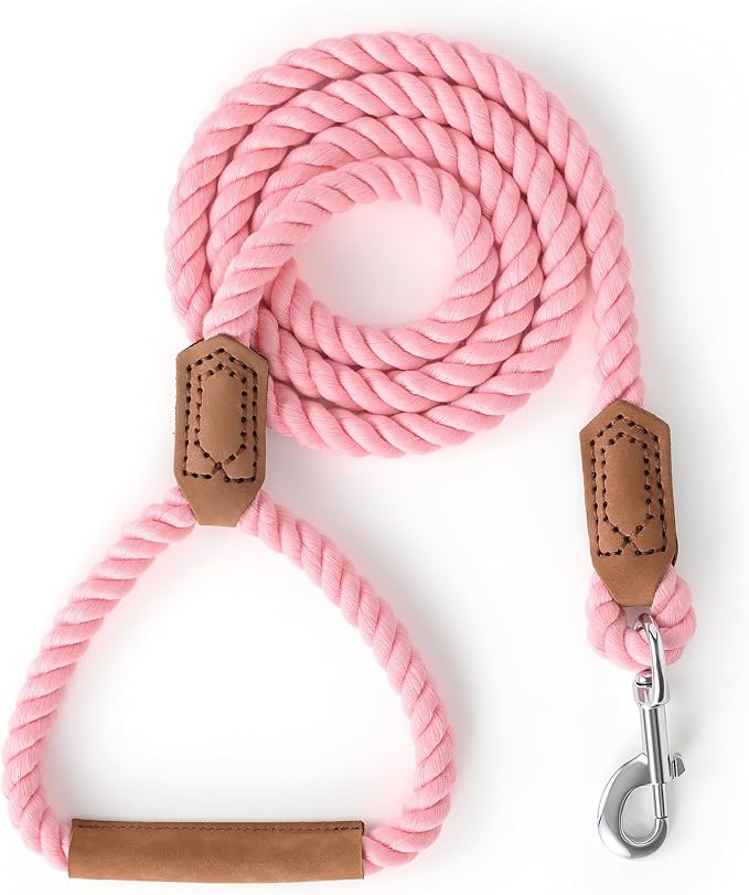 Mile High Life Dog Leash Braided Cotton Rope w/Leather-Wrapped Ends/Handle | Rust-proof 360° swivel clasp, Heavy-duty for medium/large breeds. Great for weddings, daily walks (4 FT, 1/2", Pink)