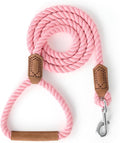 Mile High Life Dog Leash Braided Cotton Rope w/Leather-Wrapped Ends/Handle | Rust-proof 360° swivel clasp, Heavy-duty for medium/large breeds. Great for weddings, daily walks (5 FT, 1/2", Pink)