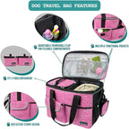 PetAmi Dog Travel Bag Organizer, Pet Travel Kit with 2 Food Containers & 2 Collapsible Dog Bowls, Pet Supplies Tote with Luggage Sleeve, Weekend Road Trip Camping Essentials, Pink, Medium