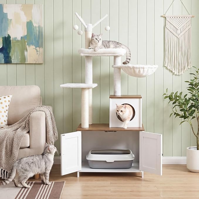 HOOBRO Cat Tree with Litter Box Enclosure for Indoor, 59 Inch Modern Cat Tower with Scratching Posts, Wooden Cat Condo, Hidden Litter Box Furniture, All-in-One Cat House, White and Walnut WH15MZ03