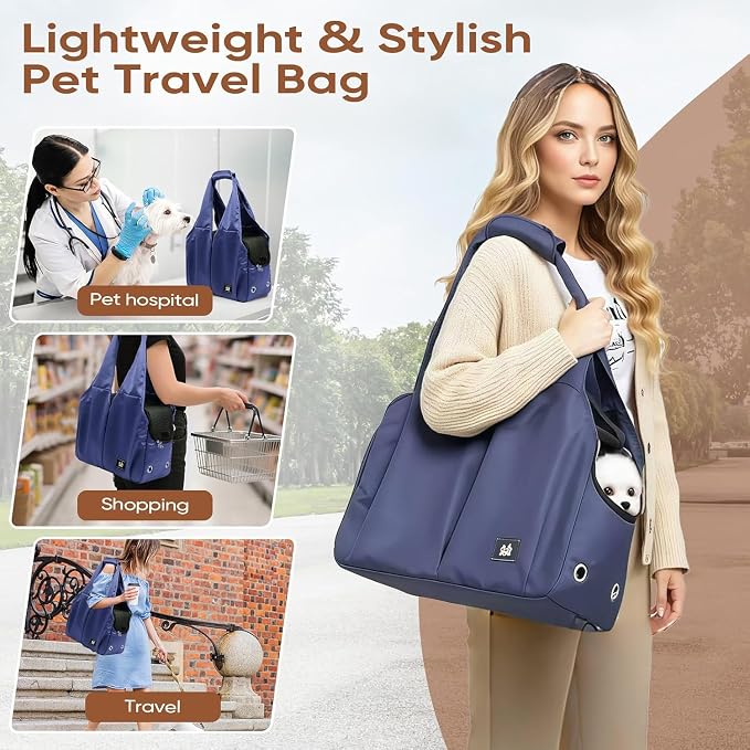 Dog Purse Carrier for Small Dogs, Cats, and Puppies – Soft-Sided Travel Pet Tote Bag with 4 Large Pockets, Foldable, Lightweight, Fits Pets up to 15 lbs, for Travel, Outings (Dark Blue)