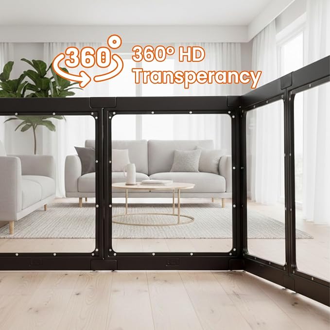 Transparent Indoor Dog Playpen with Safety Lock, Indoor Dog Fence for Small & Medium Pets | Secure, Stylish, Easy Clean Play Pen for Dogs & Pets with Scratch Resistant Panels (Black, 8 Panel)
