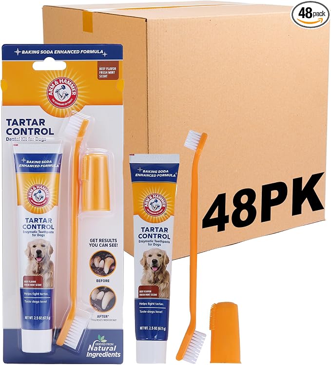 Arm & Hammer Tartar Control Dog Dental Kit, Beef Flavor, 3-Piece, 48-Pack | Enzymatic toothpaste with toothbrush and fingerbrush, baking soda formula safe for puppies