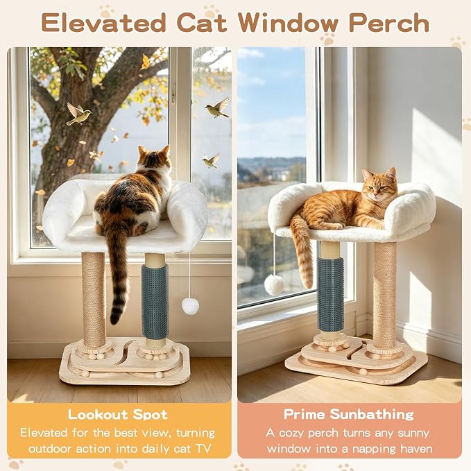 Cat Scratching Post with Bed, 4-in-1 Small Cat Tree Tower | Sisal Scratcher, Elevated Washable Bed, Track Ball Toy, Built-in Self-Groomer