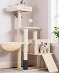 Heybly Cat Tree with Cat Self Groomer Brush, 42.5 inch HCT005SM | Cat Tower Condo for Indoor Cats with Padded Plush Perch, Cat House with Basket Scratching Board Post, Beige