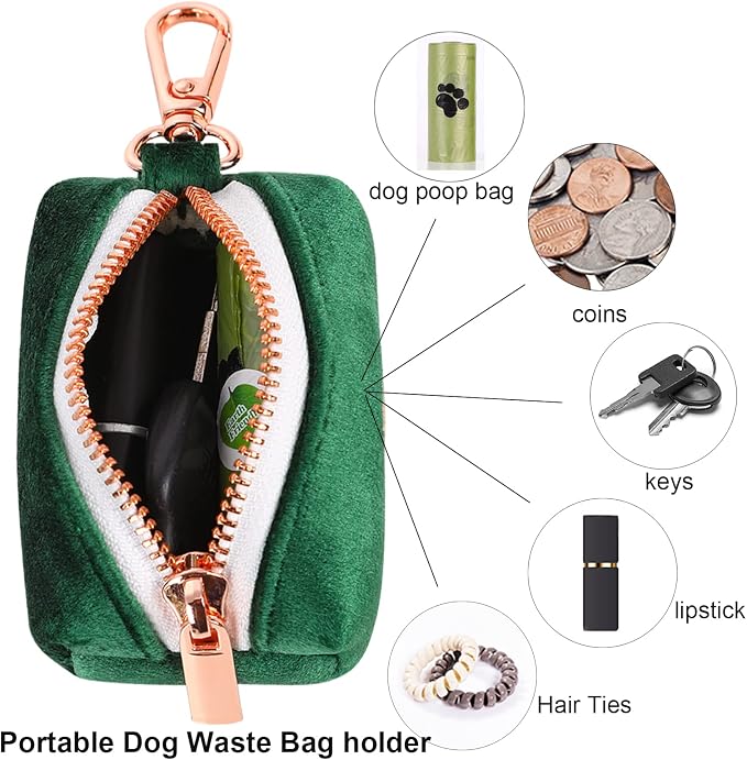 ARING PET Dog Poop Bag Holder, Velvet Doggy Waste Bag Dispenser Attach to Any Leashes, Dark Green Portable Washable Pet Waste Pouch Dispenser with Metal Zipper