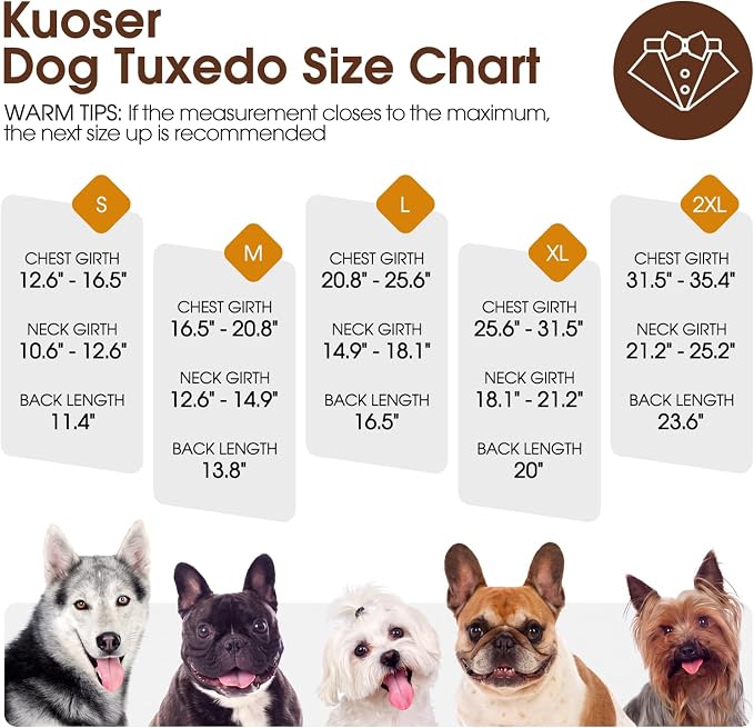 Kuoser Dog Tuxedo, Dog Suit and Bandana Set, Dogs Costume with D-Ring | Formal Dog Outfit with Detachable Bowtie Collar for Wedding, Birthday, Party, Christmas, Halloween, Brown S