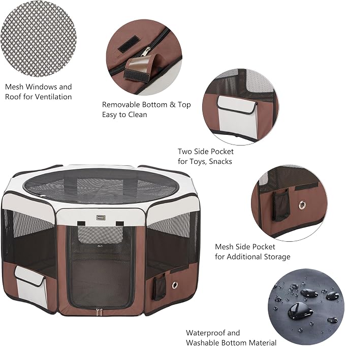 DONORO Dog Playpen 46" Portable Pet Play Pens for Small Medium Dogs, Foldable Exercise Kennel Tent Crate Indoor/Outdoor Travel Camping, Removable Top/Bottom (Brown, Large (46"x46"x23"), 8)