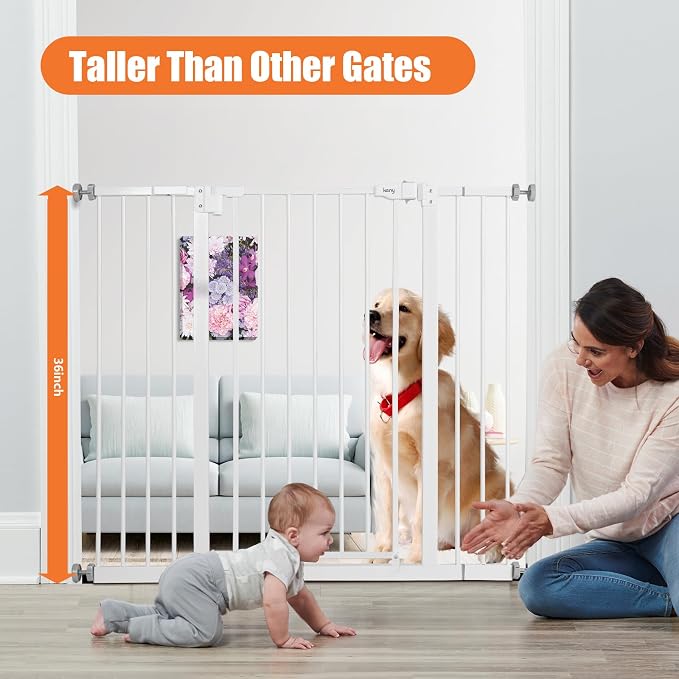 keny 36" Extra Tall Baby Gate for Stairs, 29-42.5" Wide Auto Close Dog Gate | Pressure Mounted Easy Walk Through Pet Gate for Doorways, Durable Safety Stair Gate, White