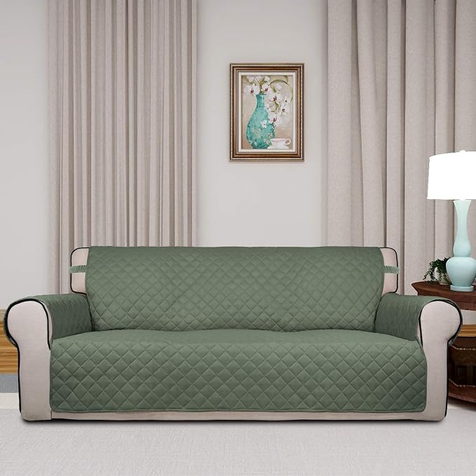 PureFit Reversible Quilted Sofa Cover Dog Couch Covers for Sofa, 66 in | Greyish Green/Beige, Water Resistant Couch Protector, Washable Pet Couch Cover with Non Slip and Elastic Straps For Kids