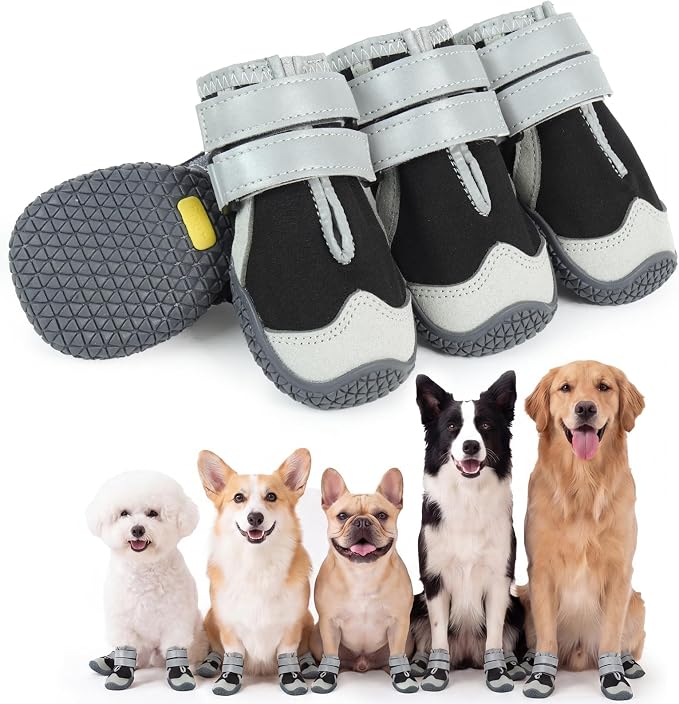 Allroaring 4PCS Anti-Slip Dog Boots,Dog Shoes for Hot Pavement Black-4 | Non-Slip Rubber Sole, Durable Reflective Straps, Paw Protector for Snow & Hot Pavement, for Medium Large Dogs – Pink/Black