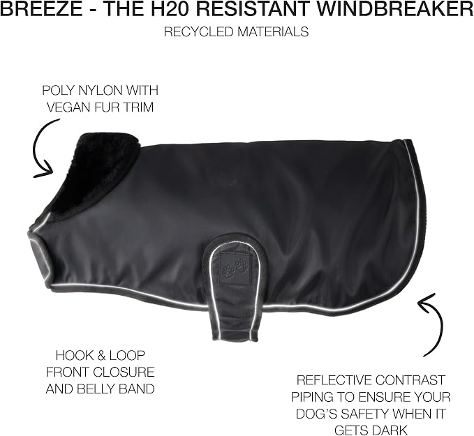 Pet Passion Breeze II - The Windbreaker, Water Resistant Pet Raincoat, Vegan Fur and Lined Pet Jacket for Small, Medium, Large Dogs, Black, Small (10-25 lbs)