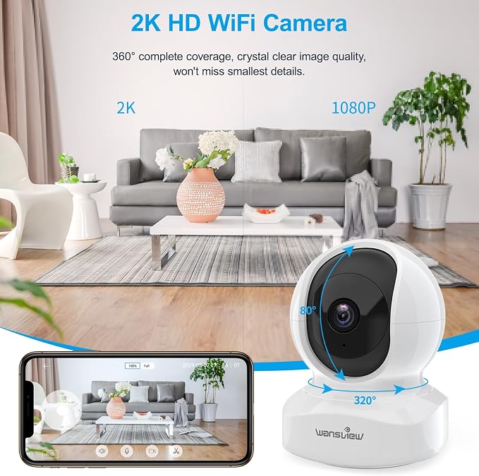 wansview Home Security Camera, Baby Camera 2.4G WiFi Only, Q5 3MP White | 2K WiFi Camera for Pet/Nanny, Motion Alerts, 2 Way Audio, Night Vision, Compatible with Alexa, with TF Card and Cloud