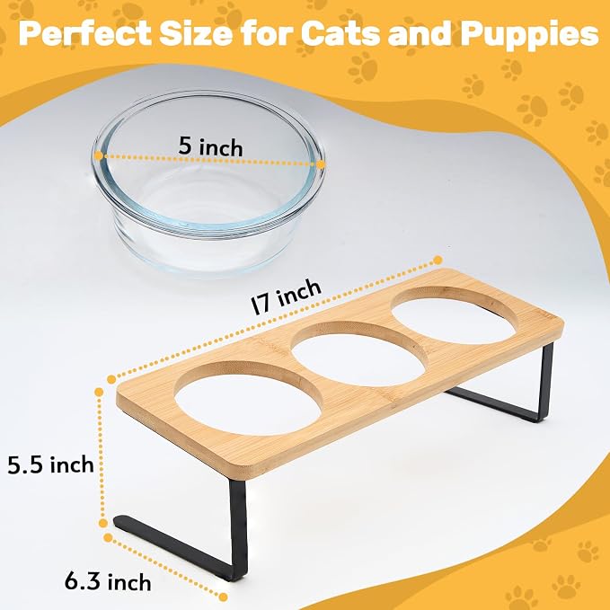 Elevated Cat Bowls, 15° Tilted Cat Food Bowl | Includes 3 Glass bowls, Bamboo Board and Metal Stand with Anti-Slip Design for Stable Feeding of Cats and Puppies