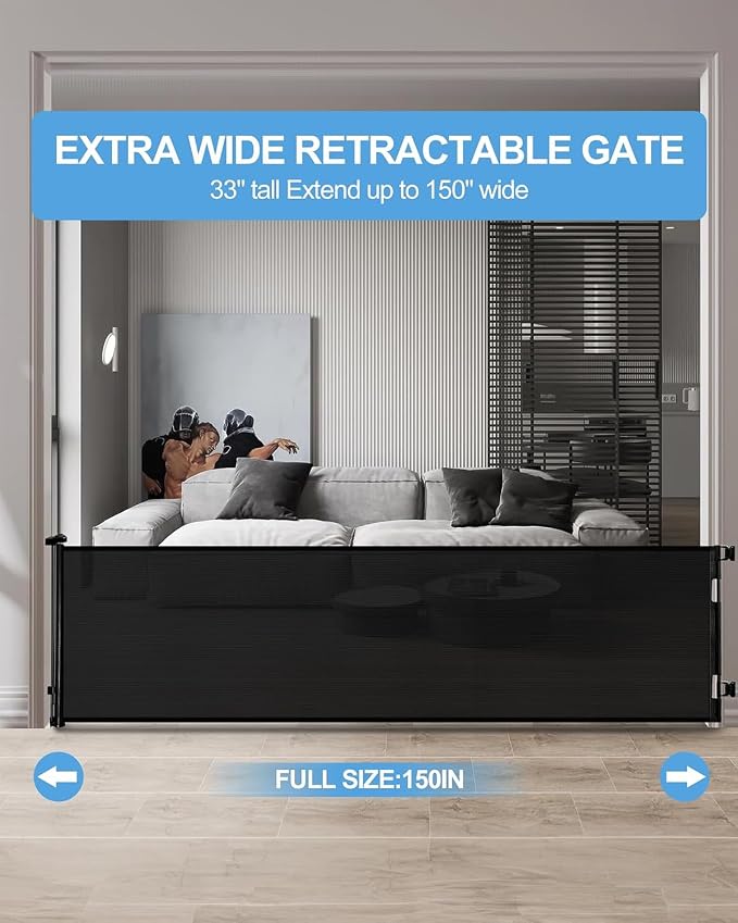 Veraste Retractable Baby Gate,Mesh Baby Extra Wide Gate,Extra Long Dog Gate,33" Tall,Large Extends up to 150" Wide,Child Safety Extra Large Gate for Doorways, Stairs, Indoor/Outdoor（Black,33"x150"）