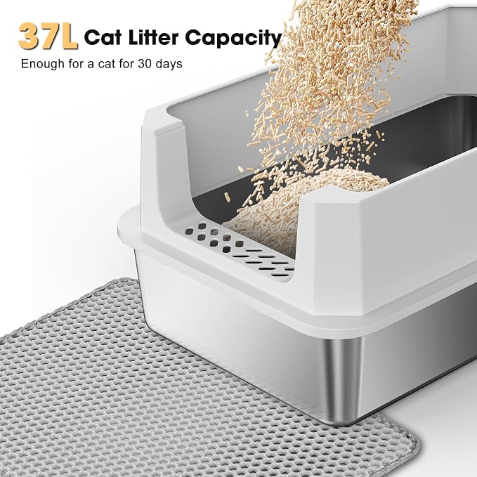 FURTIME Stainless Steel Cat Litter Box, Large Cats Metal Litter Box | High-Sided Open-Top Easy-Clean Litter Pan, Non-Stick, Anti-Leakage, Odor-Free, Comes with Scoop & Mat, 23"×15"×10.5"