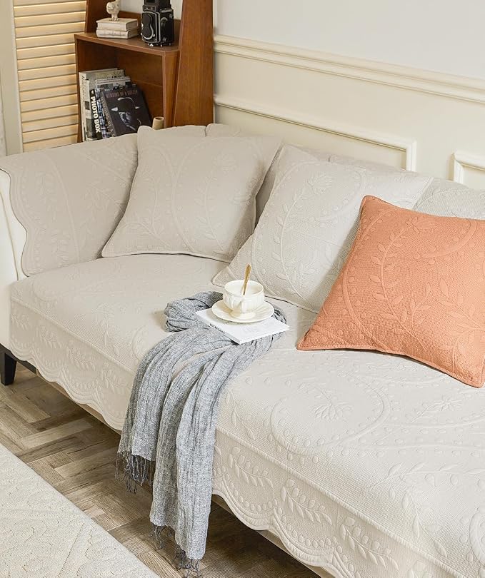 Leaf Floral Cotton Quilted Dog Couch Cover for Sofa Farmhouse Rustic Embroidered Sectional Couch Cover Soft Anti-Slip Sofa Slipcover Furniture Protector for Kids, Pets (Beige,43"x43")