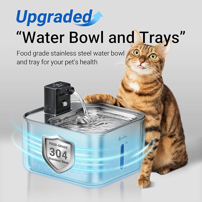 DownyPaws Cat Water Fountain Stainless Steel Wireless Automatic, Metal | Cordless Battery Operated Pet Water Fountain, 101 Oz/3L Water Fountain for Cats Drinking with Motion Sensor