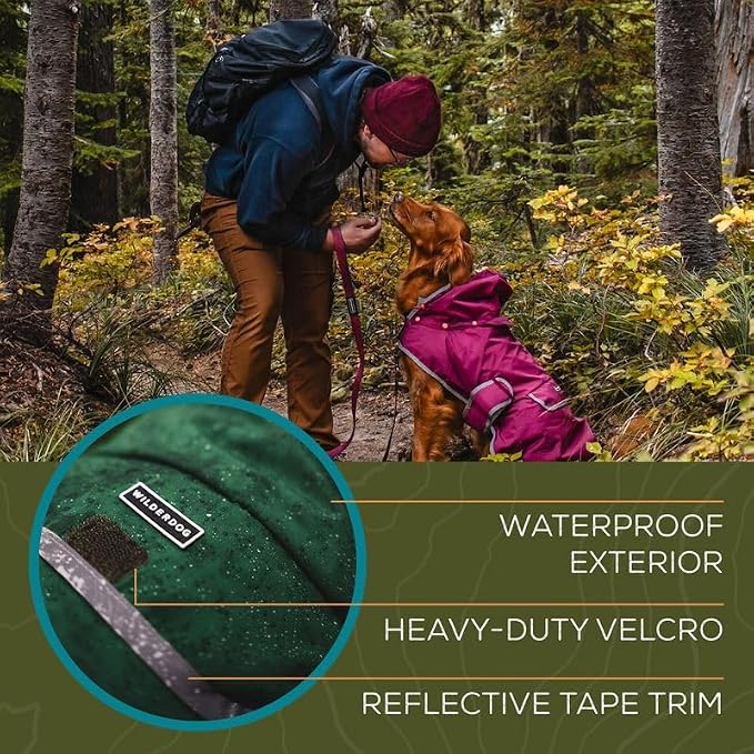 Wilderdog Dog Jacket Waterproof Raincoat with Breathable Interior, Removable Hood, Torso Strap, Secure Closures, Back Pocket and Two Hanging Loops, Foldable into Back Pocket