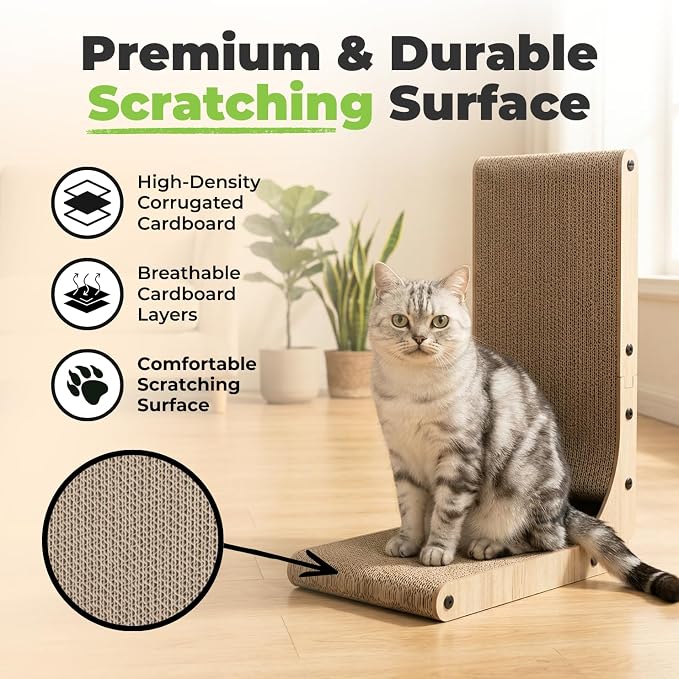 Best Pet Supplies Catify L-Shaped Cardboard Cat Scratcher - H: 19" | 15"x 9"x19", Ball Toy Included, Durable Corrugated Cardboard, Space Saving Design, Furniture Protector, Indoor Cats & Kittens