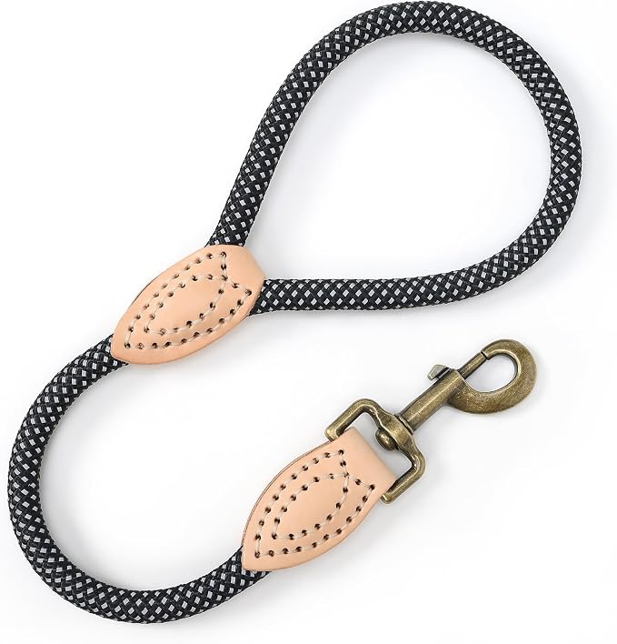 Mile High Life Short Dog Leash with Genuine Leather Connection, 4/5/6 FT | Rope Leash, Heavy Duty 360° Swivel Metal Clasp, for Small Medium & Large Dogs Walking (Black, 18 Inch)