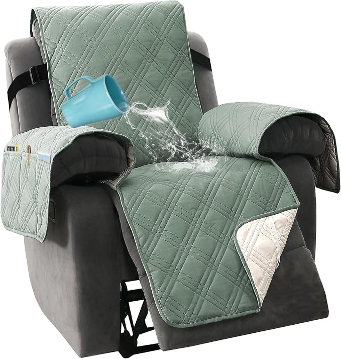 H.VERSAILTEX 100% Waterproof Recliner Cover 1-Piece Reversible Lazy Boy Recliner Chair Covers Furniture Protector with Elastic Straps for Pets Kids Sitting Width Up to 23" (Recliner, Lily Pad/Beige)