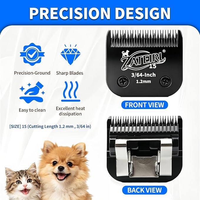 Size 15 Detachable Pet Grooming Clipper Blade with Steel Cutter, 3/64 Inch (1.2 mm) Cut Length, Black, Compatible with Andis, Oster A5, Wahl KM10, 3 Pack