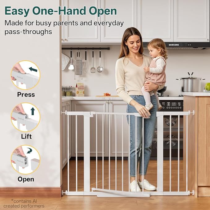 InnoTruth 29.6-44.6 in Wide Baby Gate for Stairs and Doorways, White | Indoor Metal Dog Gate for Pets, Auto Close 2 Way Swing Walk Through Door, Double Lock & Y-Bolts, Pressure or Hardware Mount