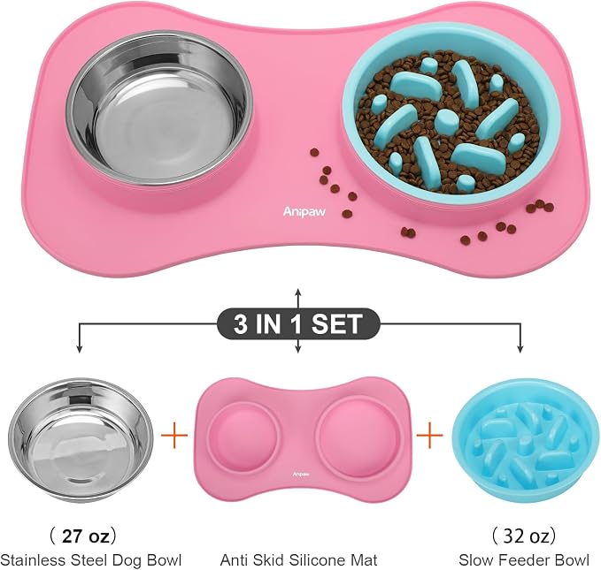 Slow Feeder Dog Bowls 3 in 1 Stainless Steel Food Water Bowl to Slow Eating | Durable, Non-spill & Non-skid with Silicone Mat Design, Slow Down Eating, Suitable for Small Medium Large Dogs and Cats