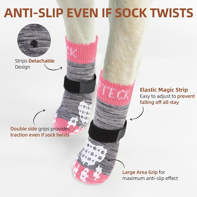 PUPTECK Anti-Slip Dog Socks with Double Sides Grips for Small Medium Large Dogs Hardwood Floors Prevents Licking, Dog Shoes for Hot Pavement Traction Control for Senior Dogs, Grey&Pink M