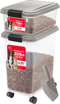 IRIS USA Airtight Dog Food Storage Container Combo, 30 lb & 11 lb Bin | Stackable food storage system includes scoop and wheels to keep kibble, treats, and pet food fresh and organized.