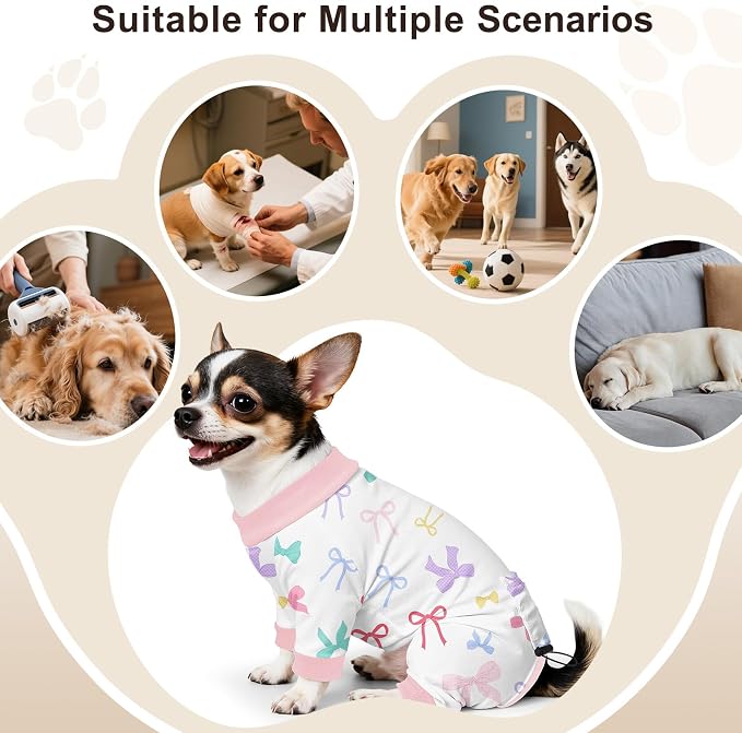 Bienbee Dog Pajamas, 4 Pack Adjustable Onesies for Small to Large Dogs S | Dog Shedding Suit with Soft Fabric, Breathable & Stretchy, and Adjustable Back Length for Sleeping Lounging and Daily Use