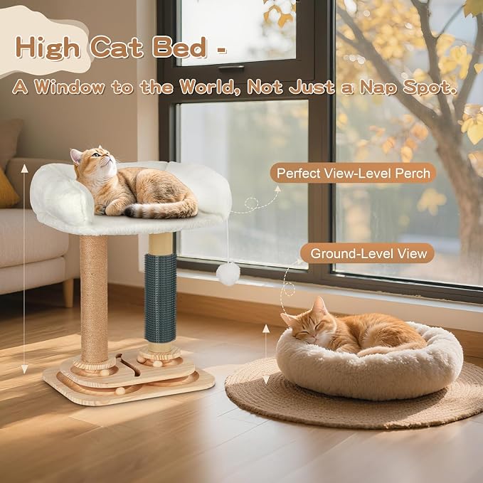Cat Scratching Post with Bed, 4-in-1 Small Cat Tree Tower | Sisal Scratcher, Elevated Washable Bed, Track Ball Toy, Built-in Self-Groomer