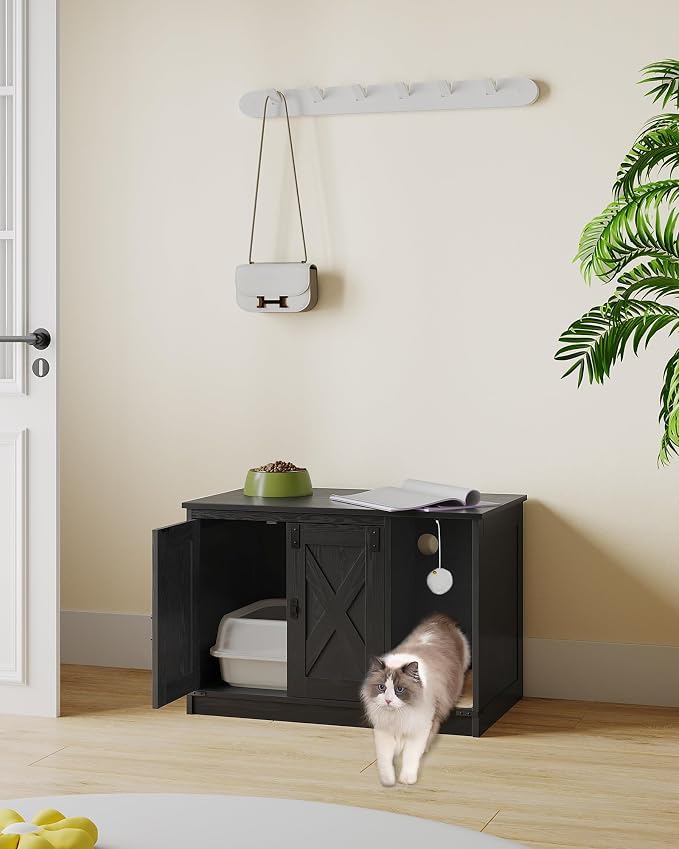 Hzuaneri Cat Litter Box Enclosure, Hidden Litter Box Cabinet Furniture | Indoor Cat House with Bell, Farmhouse Style, 31.5 x 19.7 x 20.9 Inches, for Hallway, Bedroom, Black CB82404X