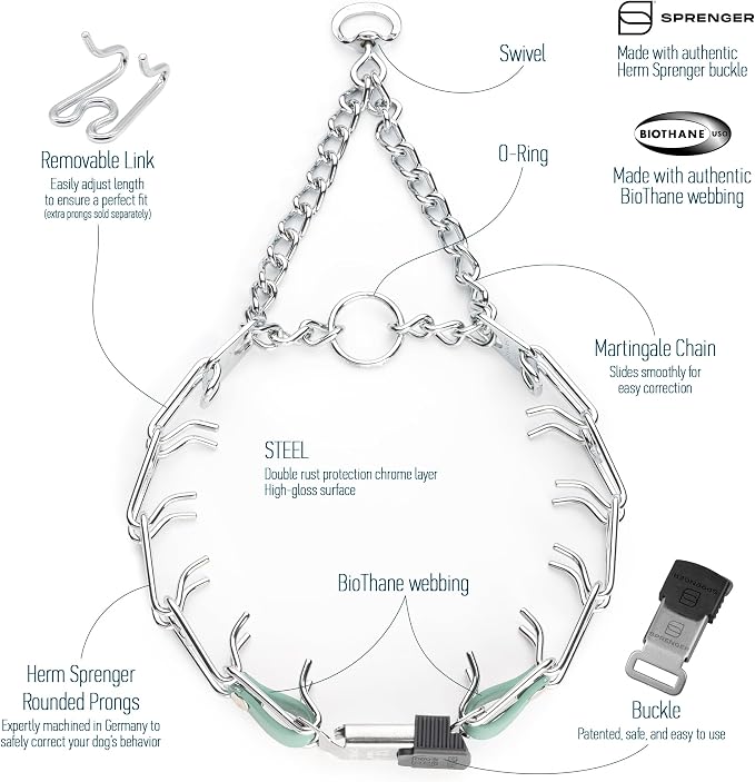 Herm Sprenger Chrome Plated Steel Dog Collar with Quick Release ClicLock Buckle and Biothane Insert Training Collar for Dogs Made in Germany (Sage Green, 22in x 3.0mm(Neck Size up to 18-19in))