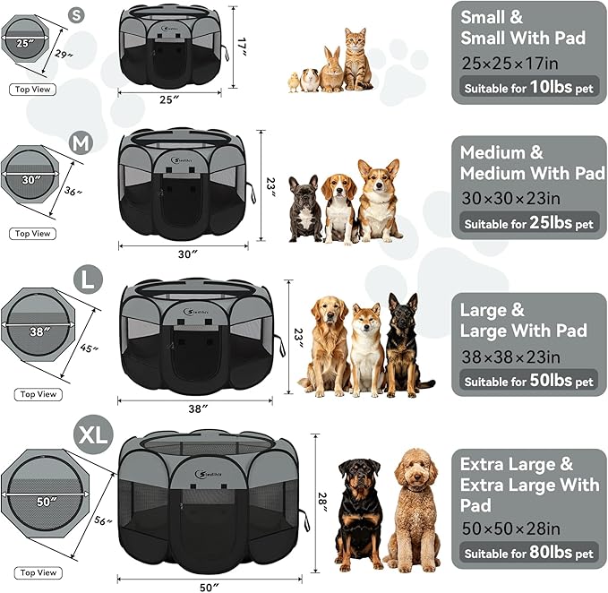 Siedihit Dog Playpen with Washable Pee Pad, Dogs Tent Crate Cage | Indoor/Outdoor, Portable Pop Up Dog Kennel with Carrying Bag for Rabbits (Dark Grey with Pad, Extra Large)