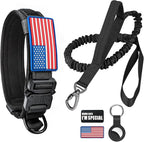 Tactical Dog Collar and Bungee Leash,Military Dog Collar & Leash Set with USA American Flag Adjustable K9 Collar with Heavy Duty Metal Buckle & Handle,with Patches and Airtags Case (M, Black)