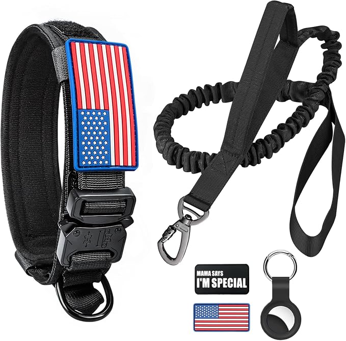 Tactical Dog Collar and Bungee Leash,Military Dog Collar & Leash Set with USA American Flag Adjustable K9 Collar with Heavy Duty Metal Buckle & Handle,with Patches and Airtags Case(XL, Black)